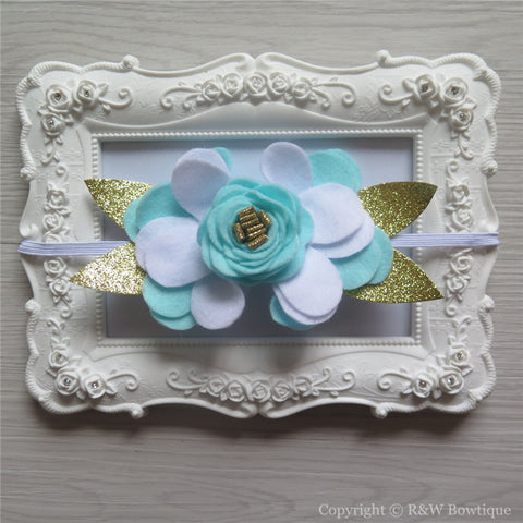 Mint White and Gold Felt Flower Crown Headband