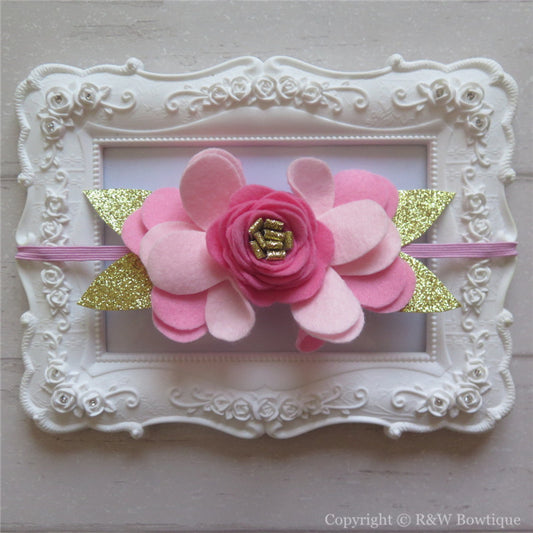 Pink and Gold Felt Flower Crown Headband 