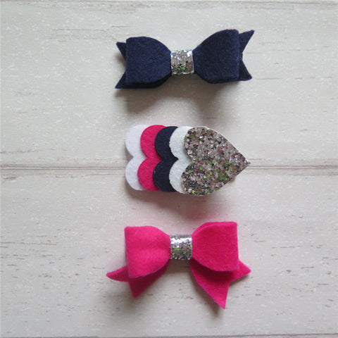 Felt Bow & Heart Clips Set of 3 - Navy and Shk Pink Mix