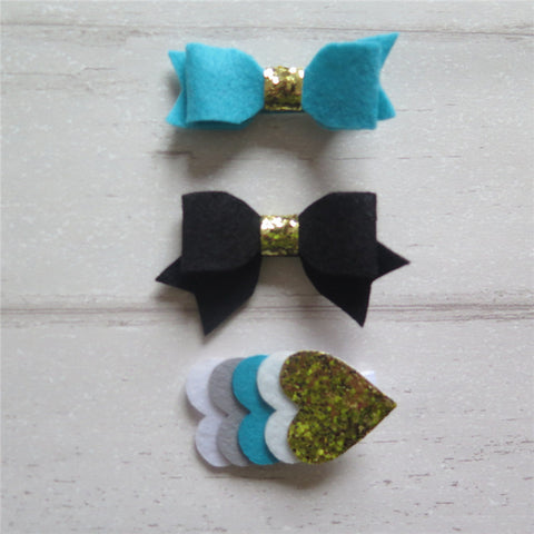 Felt Bow & Heart Clips Set of 3 - Teal and Black Mix