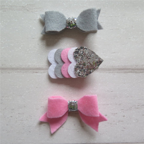 Felt Bow & Heart Clips Set of 3 - Silver and Pink Mix