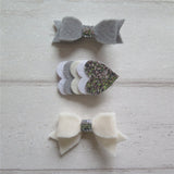 Felt Bow & Heart Clips Set of 3 - Silver and Ivory Mix