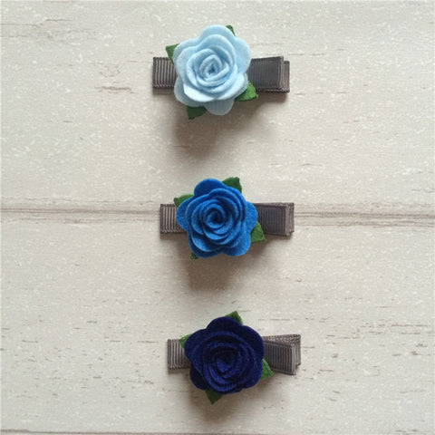 Felt Rose Clip Set of 3 - Blue Mix