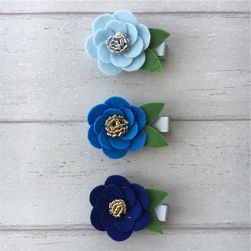 Felt Hibiscus Clip Set of 3 - Blue Mix