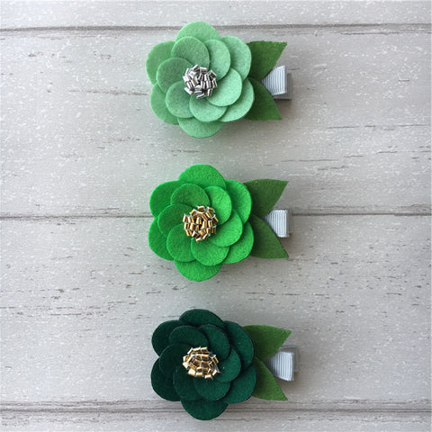 Felt Hibiscus Clip Set of 3 - Green Mix